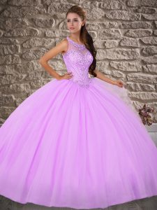 Beading Ball Gown Prom Dress Lilac Backless Sleeveless Brush Train