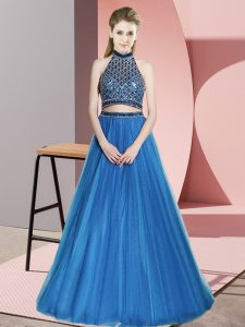 Blue Prom Party Dress Prom and Party and Military Ball with Beading Halter Top Sleeveless Backless