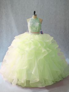 Glamorous Backless Vestidos de Quinceanera Yellow Green for Sweet 16 and Quinceanera with Beading and Ruffles Brush Trai