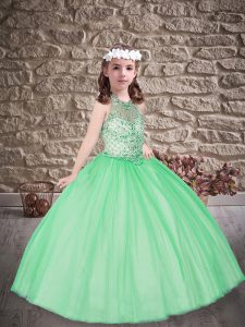 Custom Fit Green Sleeveless Beading Floor Length Little Girls Pageant Gowns