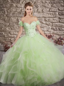 Pretty Yellow Green Ball Gowns Tulle Sweetheart Sleeveless Lace and Ruffles Lace Up Sweet 16 Dresses Brush Train