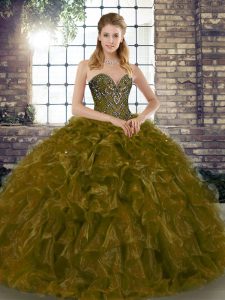 Free and Easy Brown Lace Up Quince Ball Gowns Beading and Ruffles Sleeveless Floor Length