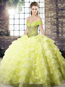 Off The Shoulder Sleeveless Brush Train Lace Up Ball Gown Prom Dress Yellow Organza