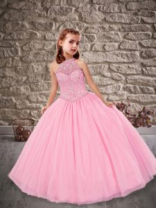 Adorable Pink Lace Up Halter Top Beading Kids Pageant Dress Tulle Sleeveless