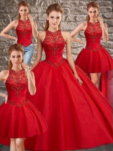 Red Tulle Lace Up High-neck Sleeveless Ball Gown Prom Dress Brush Train Beading