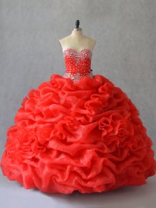 Pretty Red Ball Gowns Pick Ups and Hand Made Flower Quince Ball Gowns Lace Up Organza Sleeveless Floor Length
