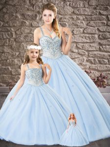 Superior Tulle Straps Sleeveless Lace Up Beading and Lace Quinceanera Gowns in Light Blue