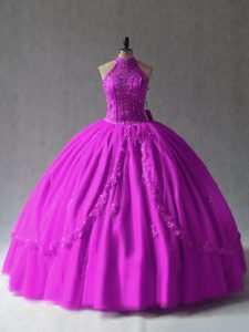 Most Popular Fuchsia Halter Top Lace Up Appliques Sweet 16 Dresses Sleeveless