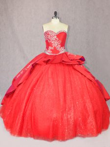 Court Train Ball Gowns 15th Birthday Dress Red Sweetheart Tulle Sleeveless Floor Length Lace Up