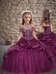 High Quality Sleeveless Floor Length Beading and Ruffles Lace Up Pageant Gowns For Girls with Dark Purple