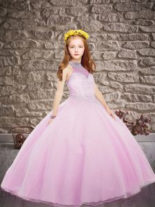 Brush Train Ball Gowns Little Girls Pageant Dress Wholesale Lilac Halter Top Tulle Sleeveless Lace Up