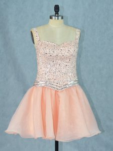Customized Peach Prom Gown Prom and Party with Beading Straps Sleeveless Lace Up