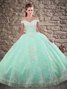 Apple Green Ball Gowns Beading and Appliques Sweet 16 Dress Lace Up Tulle and Lace Sleeveless