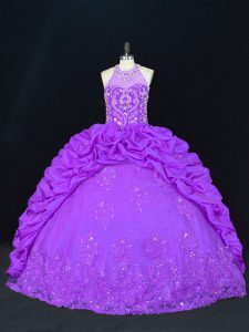 Purple High-neck Lace Up Beading and Appliques and Embroidery and Pick Ups Ball Gown Prom Dress Sleeveless