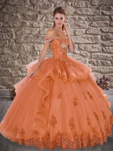Fancy Beading and Lace Sweet 16 Dress Orange Lace Up Sleeveless Floor Length
