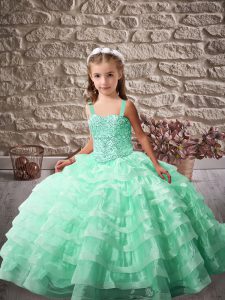 Apple Green Organza Lace Up Straps Sleeveless Little Girls Pageant Dress Wholesale Brush Train Beading and Ruffled Layer