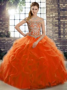 Pretty Sleeveless Beading and Ruffles Lace Up Quinceanera Gowns with Orange Red Brush Train