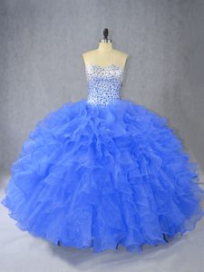 Discount Blue Sleeveless Beading and Ruffles Floor Length Quince Ball Gowns