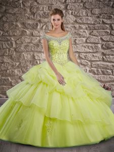 Popular Organza Cap Sleeves Quince Ball Gowns Brush Train and Beading and Pick Ups