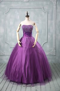 Eggplant Purple and Purple Ball Gowns Strapless Sleeveless Tulle Floor Length Lace Up Beading Quinceanera Gowns