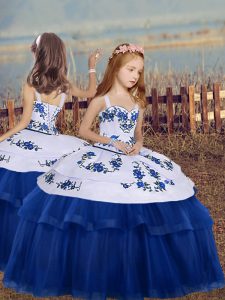 Straps Sleeveless Lace Up Pageant Gowns For Girls Blue Tulle