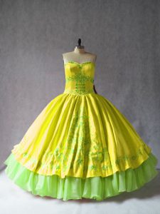 Smart Yellow Ball Gowns Embroidery Quinceanera Gowns Lace Up Satin and Organza Sleeveless Floor Length