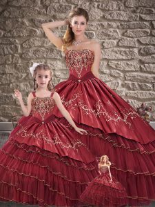 Perfect Wine Red Ball Gowns Organza Sweetheart Sleeveless Embroidery and Ruffled Layers Floor Length Lace Up Quinceanera
