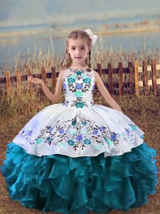 Super Scoop Sleeveless Organza Pageant Dress Toddler Embroidery and Ruffles Lace Up