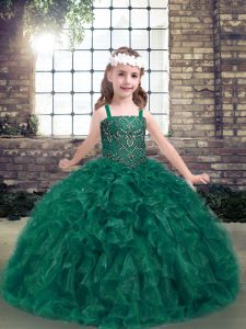 Top Selling Dark Green Lace Up Little Girl Pageant Gowns Beading and Ruffles Sleeveless Floor Length