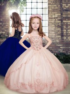 Excellent Floor Length Pink Little Girls Pageant Gowns Straps Sleeveless Lace Up