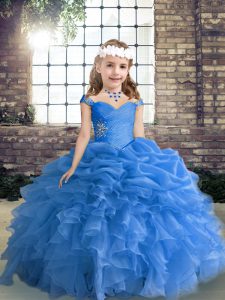 Fashionable Ball Gowns Little Girl Pageant Dress Blue Straps Organza Sleeveless Floor Length Lace Up