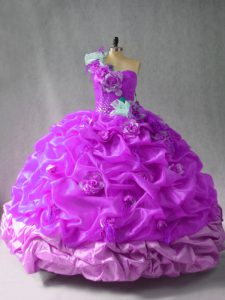 Purple One Shoulder Lace Up Pick Ups and Hand Made Flower Ball Gown Prom Dress Sleeveless