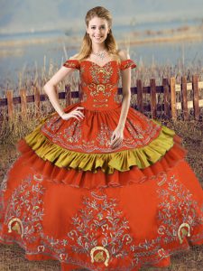 Rust Red Satin and Organza Lace Up Off The Shoulder Sleeveless Floor Length Sweet 16 Dress Embroidery