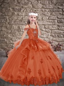 Beautiful Rust Red Off The Shoulder Neckline Beading and Appliques Little Girls Pageant Gowns Sleeveless Lace Up