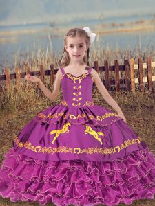 Beauteous Ball Gowns Pageant Dress for Teens Fuchsia Straps Organza Sleeveless Floor Length Lace Up