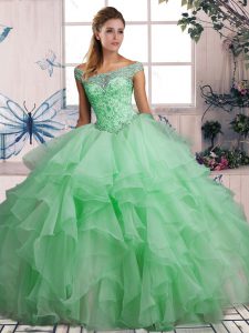 Sleeveless Organza Floor Length Lace Up Ball Gown Prom Dress in Apple Green with Beading and Ruffles