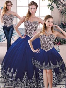Best Selling Royal Blue Tulle Lace Up Sweetheart Sleeveless Floor Length 15th Birthday Dress Embroidery