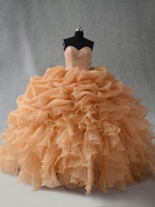 Deluxe Floor Length Lace Up Ball Gown Prom Dress Gold for Sweet 16 and Quinceanera with Beading and Ruffles and Pick Ups