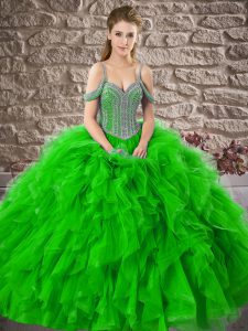 Trendy Green Quinceanera Dresses Military Ball and Sweet 16 and Quinceanera with Beading and Ruffles Off The Shoulder Sl