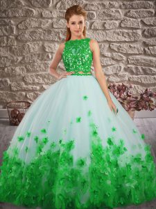 Sumptuous Green Backless Scalloped Lace and Appliques 15 Quinceanera Dress Tulle Sleeveless