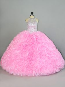Charming Sleeveless Floor Length Beading and Ruffles Lace Up Quince Ball Gowns with Baby Pink
