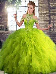 Attractive Sleeveless Tulle Floor Length Lace Up Ball Gown Prom Dress in Olive Green with Beading and Ruffles