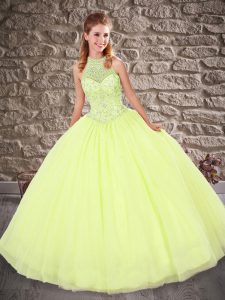 Enchanting Yellow Green Sleeveless Beading Floor Length 15th Birthday Dress