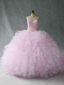 High Quality Ball Gowns Quinceanera Dresses Pink Halter Top Tulle Sleeveless Floor Length Lace Up
