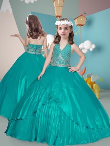 Floor Length Teal Little Girls Pageant Gowns Sleeveless Beading and Pleated