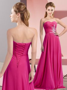 Fuchsia Empire Chiffon Sweetheart Sleeveless Beading and Ruching Floor Length Lace Up Prom Gown