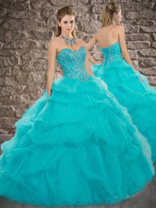 Decent Ball Gowns Sleeveless Aqua Blue Vestidos de Quinceanera Brush Train Lace Up