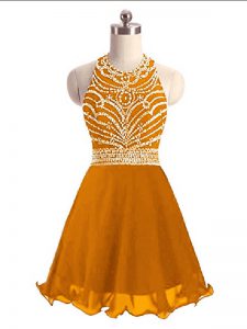 Organza Halter Top Sleeveless Lace Up Beading Dress for Prom in Orange