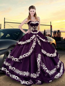 Purple Sleeveless Embroidery and Ruffled Layers Floor Length 15 Quinceanera Dress