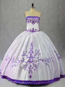 Gorgeous White And Purple Ball Gowns Scoop Sleeveless Satin Floor Length Lace Up Embroidery Vestidos de Quinceanera